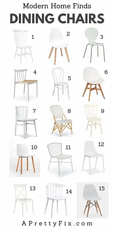 15 classic modern white dining chairs! Create a Pinterest-worthy look with affordable chairs, perfect for the kitchen, dining room, or desk. Click through for the source list. #diningchairs #diningroomchairs #white #farmhouse #midcentury #Scandi #onlinefinds Modern White Dining Chairs, White Dining Room Tables, Scandi Dining Chairs, White Modern Dining Table, White Wood Dining Chairs, White Dinning Chairs, White Kitchen Chairs, Scandi Dining Room, Dining Room Refresh