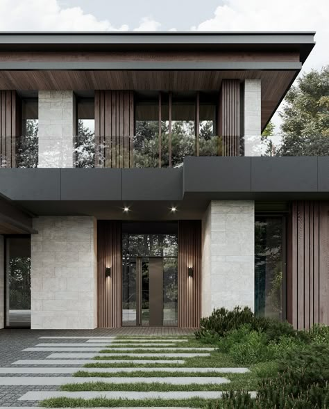 Villa in Repino Park on Behance Villa Facade Design, Contemporary House Exterior Design, Villa Exterior Design, Contemporary House Exterior, Modern Contemporary Homes, Modern Villa Design, Modern House Facades, Architecture Model House, Casa Exterior