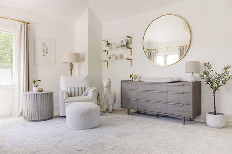 Gender Neutral Nursery Grey Crib Nursery, Neutral Nursery Design, White Lacquer Dresser, Nursery Design Neutral, Sage Green Rug, Nursery Interior Design, Grey Side Table, Grey Crib, Nursery Accent Wall