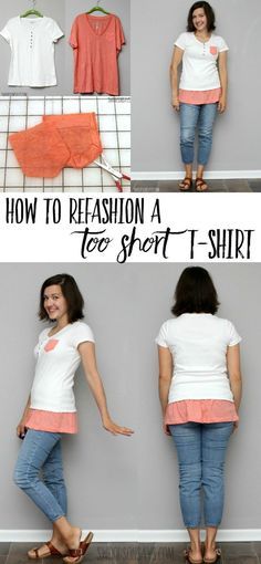 See how to refashion a tshirt that is too short! This easy tshirt refashion idea combines too looks for a fresh new take. Upcycle T Shirts, Gamle T Shirts, T Shirt Makeover, Diy Leggings, Umgestaltete Shirts, Shirt Makeover, Tshirt Makeover, Tshirt Refashion, Diy Vetement