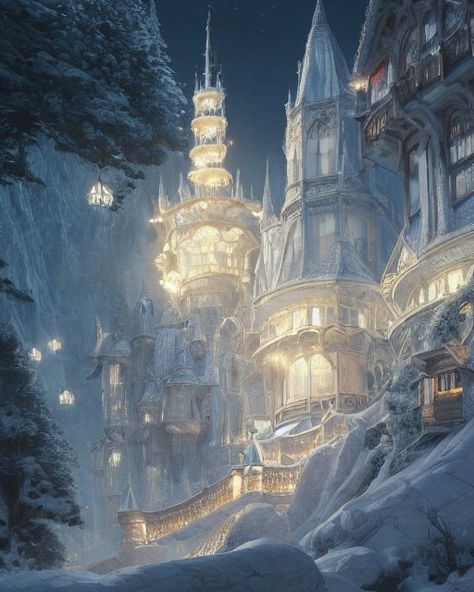 beautiful snowy mountain Snow Mountain City Fantasy Art, Fantasy Snow Kingdom Aesthetic, Snowy City Fantasy Art, Snowy Castle Fantasy Art, Fantasy Snow Castle, Snowy Kingdom Fantasy Art, Fantasy Ice Kingdom Aesthetic, Winter Fantasy Castle, Snowy Kingdom Aesthetic