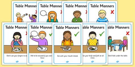 A handy set of display posters featuring key table manners. Perfect for a variety of displays. Table Manners Poster, Kids Table Manners, Manners Preschool, Teaching Kids Manners, Good Table Manners, Manners For Kids, Display Posters, Rules For Kids, Lunch Table