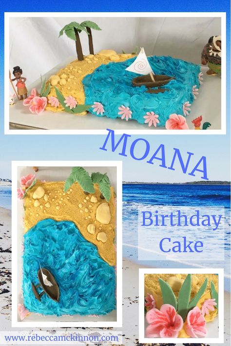 Moana Birthday Cake - Rebecca McKinnon A fun cake inspired by Moana, with fondant accents. #cake #birthdaycake #cakedecorating #ideas #birthday #diy #sheet #buttercream #fondant #onetier #girl #disney #homemade #rectangle #rectangular #boat #flowers #forkids #ocean Moana Sheet Cake Ideas, Moana Birthday Cake Diy, Diy Moana Cake, Moana Sheet Cake, Eloise Birthday, Birthday Quotes Kids, Moana Birthday Cake, Cake Themes, Birthday Balloons Pictures