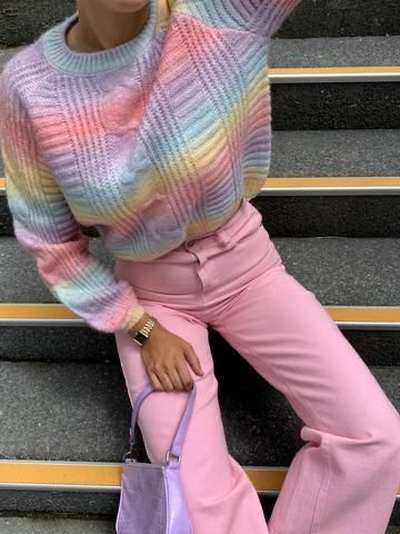 Rainbow Sweater Outfit, Enid Sinclair, Bright Sweater, End Of The Rainbow, High Waisted Bottoms, Rainbow Sweater, Pink Outfits, Work Wardrobe, Dream Clothes