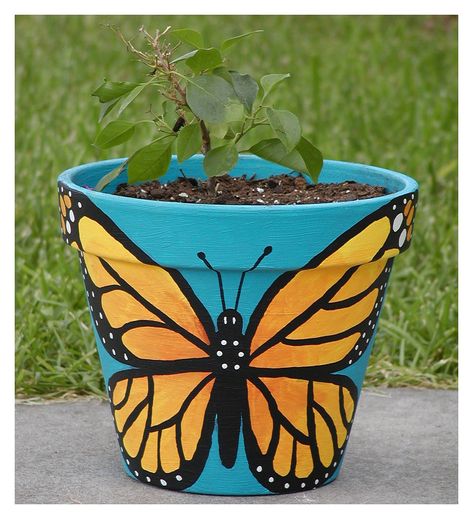 https://flic.kr/p/ezQ6q | Butterfly Pot | I painted this pot for the bougainvillea plant that my mother in law gave me.  Unfortunately, while I worked on the flower pot, I had the plant on my coffee table, and my dog's tail knocked off all of the pretty flowers.  Oh well, next year the plant will be as pretty as the pot it's in.  The pot was a plain terracotta pot from the hardware store.  I used acryllics and sprayed it with a clear, matte finish.  There are two butterflies on the pot; one ... Hand Painted Pots Diy, Pot Painting Ideas, Clay Pot Projects, Plant Pot Design, Flower Pot Art, Pot Painting, Plant Pot Diy, Terra Cotta Pot Crafts, Flower Pot Design