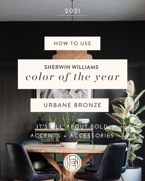 Sherwin Williams has announced “Urbane Bronze” as the 2021 color of the year! It’s no surprise as this moody warm color is timeless yet modern and setting the tone for a much-needed reset in the new year. We’re sharing our tips for how to add this well-deserved “Color of the Year” into your home without breaking the bank or changing your current home design. Homzie Designs, Sherwin Williams Urbane Bronze, Urbane Bronze Sherwin Williams, Bronze Living Room, 2021 Color Of The Year, Urbane Bronze, Online Interior Design Services, Sherwin Williams Colors, Retro Renovation