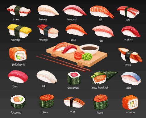 Sushi Names, Inside Out Sushi, Vegetarian Sushi Rolls, Types Of Sushi Rolls, Egg Sushi, Different Types Of Sushi, Temari Sushi, Nori Wrap, Unagi Sauce