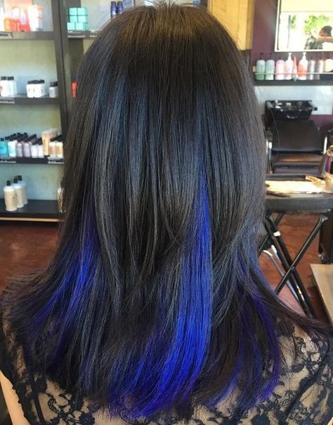 black hair with blue peek-a-boo highlights Peek A Boo Hair Color, Color For Black Hair, Peek A Boo Hair, Electric Blue Hair, Blue Hair Highlights, Hidden Hair Color, Peekaboo Hair Colors, Brunette Bob, Peekaboo Hair