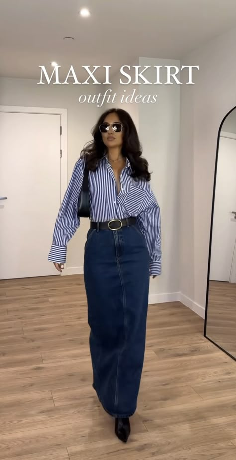 Fall Outfit Inspired 2024, Brunch In Fall Outfit, Royal Blue Midi Skirt Outfit, Fall Modern Outfits, Denim With Heels, Praise And Worship Outfits Women, Rhyming Outfit Ideas, Engineer Outfit Women Business Casual, Long Skirt Dressy Outfits