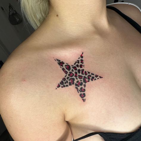 by @393636ttt on instagram Cute Colorful Tattoo Ideas, Zebra Star Tattoo, Cheetah Print Star Tattoo, Kesha Tattoo Ideas, Mcbling Tattoo Ideas, Skull Chest Tattoo, Butterfly Chest Tattoo, Cheetah Print Tattoo, Leopard Print Tattoo