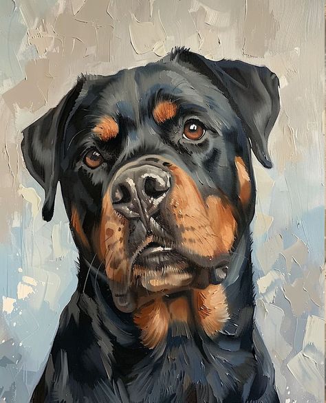 A rough oil painting of a Rottweiler boy. 50% OFF EVERYTHING! ✨  Limited-time SALE on all my Etsy art! Don't miss out, this steal won't last! . . . . . ..#animalposter #animalprints #animallover #wildlifephotography #dogposter #catposter #horseposter #birdposter #animalillustration #animaldrawing #animalpainting #animalphotography Rottweiler Art Drawings, Rottweiler Painting Acrylics, How To Draw A Rottweiler, How To Paint A Rottweiler, Animals Oil Painting, Modern Dog Art, Drawing Rottweiler, Watercolor Rottweiler, Pet Painting Ideas