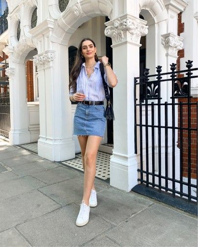 Striped linen shirt, denim mini skirt, Veja esplar trainers. Laid back summer look 💙 @liketoknow.it #liketkit http://liketk.it/3k63Y Denim Mini Skirt Outfit Summer, Blue Denim Skirt Outfit, Summer Skirts Outfits, Mini Denim Skirt Outfit, Skirt White Sneakers, Denim Skirt Outfit Summer, Blue Striped Shirt Outfit, Mini Skirts Outfits Summer, Elegant Outfit Ideas