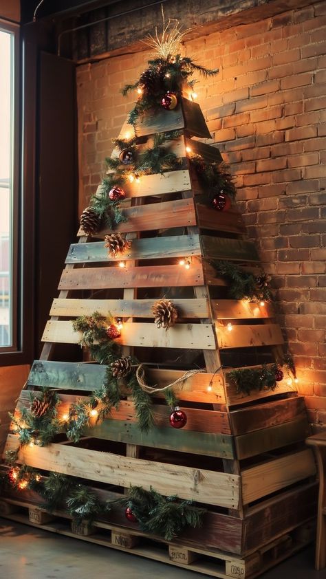 Rustic Christmas tree made from wooden pallets with lights, pinecones, and ornaments in a cozy setting Palet Christmas Ideas, Christmas Tree Pallet Ideas, Wooden Christmas Tree With Lights, Xmas Pallet Ideas, Pallet Christmas Tree Diy, Pallet Xmas Ideas, Non Traditional Christmas Tree, Unconventional Christmas Trees, Creative Christmas Tree Ideas