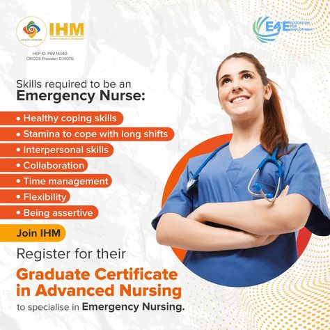 Do you want to become an emergency nurse? This course helps nurses to expand their scope of practice by emphasising assessment and advanced nursing care. To know more: https://bit.ly/38POBQr #ihm #emergencynurse #nurse #emergencynursing #nursing #nurseskill #nurseresponsibilities #emergencynursingskills #emergencynursingresponsibilities #nursingskills #nursingresponsibilities #nursingjobs #ihm #ihmaustralia Nurse Skills, College Ad, Emergency Nurse, Healthy Coping Skills, Nursing Courses, Emergency Nursing, Interpersonal Skills, Nursing Jobs, Nursing Care