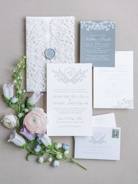 white lace invitation with gray seal and custom gray crest on white invitations Inn At Perry Cabin, 2024 Wedding Trends, Cabin Wedding, Reception Look, Ikebana Arrangements, Lace Wedding Invitations, Welcome Drink, Bridal Gloves, Maryland Wedding