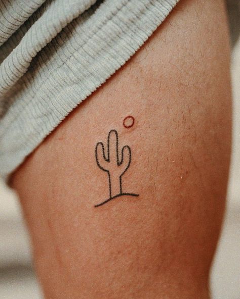 Grace Wise - Handpoke on Instagram: “Fun little cactus with a red moon moment. 🌵” Cactus Rib Tattoo, Stick And Poke Tattoo Cactus, Cactus With Sun Tattoo, Cactus Tiny Tattoo, Fun Fine Line Tattoos, Cactus Flash Tattoo, Small Cactus Tattoo Simple, Cactus Minimalist Tattoo, Cactus Fine Line Tattoo