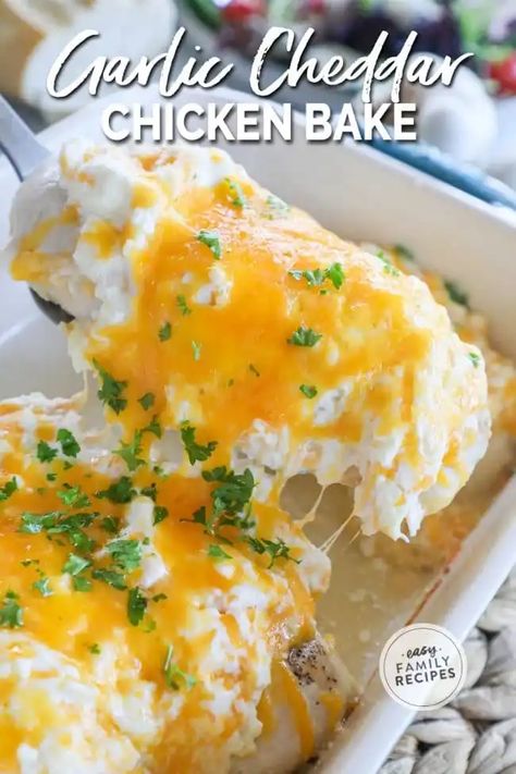 Garlic Cheddar Chicken Bake · Easy Family Recipes Cheddar Chicken Bake, Garlic Cheddar Chicken, Garlic Cream Chicken, Chicken Recipes With Cream Cheese, Chicken Bake Recipe, Chicken And Cheese Recipes, Cheesy Baked Chicken, Cheddar Cheese Recipes, Garlic Cheddar