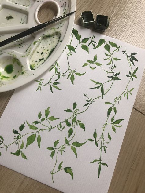 Watercolor Vines Leaves, Vine And Flower Painting, Green Flower Watercolor, Leaves In The Wind Tattoo, Leaves Aesthetic Drawing, Watercolour Vines, Flower Vine Painting, Green Leaves Tattoo, Ivy Leaves Tattoo