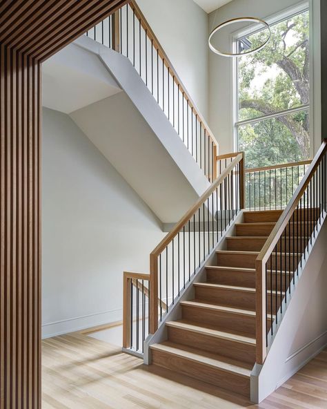 Slat Wall Entryway, Open Stairs In Living Room, Stairwell Design, Scandinavian Flooring, Acoustic Slat Wood Wall Panels, Wall Entryway, Metal Stair Railing, Stair Rails, Moore House