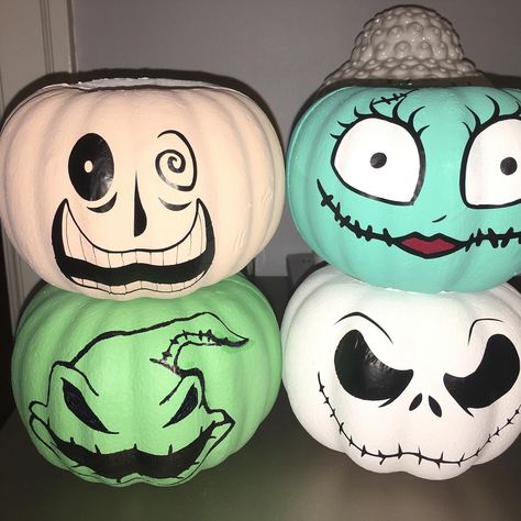 Jack Pumpkin Painting Ideas, Diy Jack Skellington Pumpkin, Sally Painting Pumpkin, Oogy Boogy Pumpkin Painting, Painting Pumpkins Jack Skellington, Painted Pumpkins Oogie Boogie, Mayor From Nightmare Before Christmas Pumpkin Painting, Boogie Man Pumpkin Painting, Oggie Boogie Pumpkin Painting