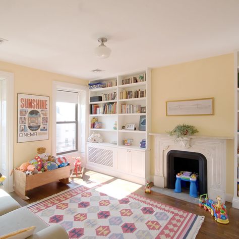 Greenwood Heights, Brooklyn, NY Renovation Soft Yellow Walls, Yellow Playroom, Playroom Paint Colors, Townhouse Renovation, Pretty Area Rugs, Daycare Room, Kids Room Paint, Storage Inspiration, Office Guest Room