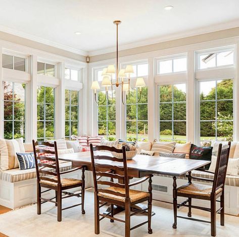 Four Season Dining Room, Breakfast Room Off Kitchen, Sunroom Turned Dining Room, Sunroom Bench Seating, Dining Room With Windows All Around, Dining Room With Built In Bench, Sunroom Dining Room Off Kitchen, Kitchen Sunroom Combo, Morning Room Off Kitchen Ideas