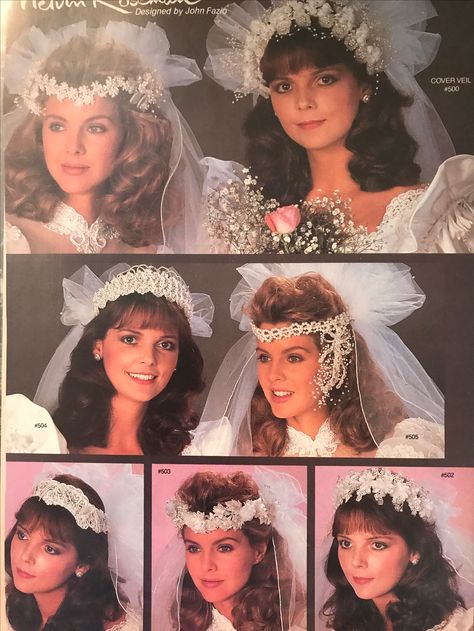 Ann Albrizio's Bridal, 1980's. 80s Bridal Hair, 80s Wedding Headpiece, 80s Wedding Hairstyles, 80s Wedding Hair, 80s Wedding Photos, 90s Wedding Hair, 80s Wedding Aesthetic, Vintage Bridal Headpiece, Wedding Barbie