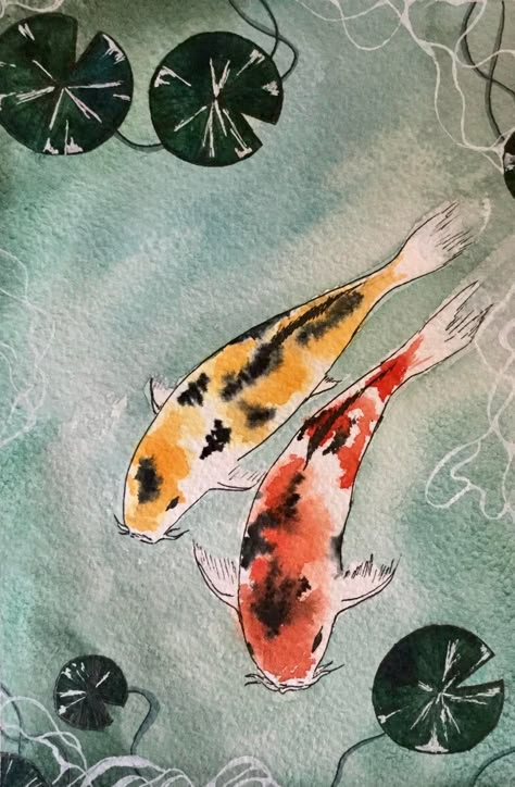 Koi Pond Watercolor Painting, Koi Fish Pond Watercolor, Koi Fish Aesthetic Drawing, How To Paint Koi Fish In A Pond, Koi Fish Pond Painting Watercolor, Watercolor Pond Painting, Watercolor Art Koi Fish, Koi Fish Pen Drawing, Koi Pond Watercolor