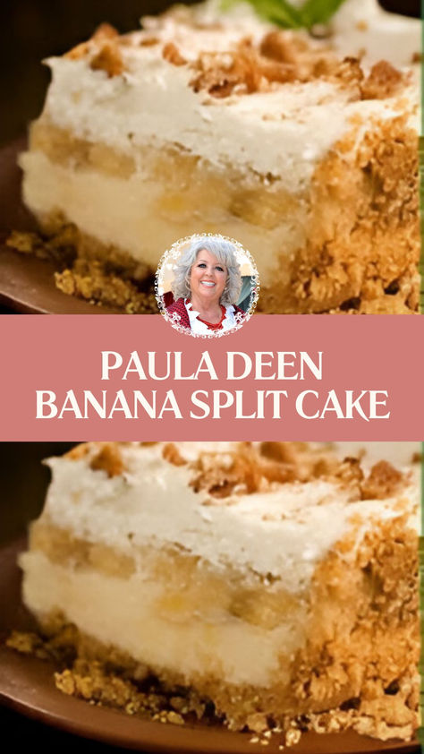 Paula Deen Banana Split Cake Jimmy Carter Delight Dessert, Banana Split Dump Cake Recipe, Paula Deen Desserts, Bannan Pudding Dessert, Banana Dessert Ideas, Desserts With Graham Cracker Crust, Paula Deen Banana Pudding Recipe, Banana Split Cheesecake, Guava Desserts