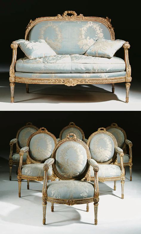 A SUITE OF LOUIS XVI CREAM-PAINTED AND PARCEL-GILT SEAT FURNITURE | BY JEAN-BAPTISTE GOURDIN | Christie's Classic Salon Furniture, French Furniture Sofa, French Cottage Living Room, French Furniture Design, Classic Sofa Styles, French Living Room Design, Vintage French Furniture, Classic Furniture Living Room, Louis Xvi Chair