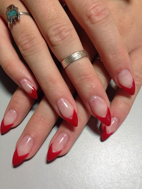 Red tip stiletto nails Red Vintage Nails, French Tips Pointy, Red French Tip Nails Pointy, Red Stilleto French Tip, Red Tip Stiletto Nails, Red French Tip Stiletto Nails, Pointy French Tip Nails, Red Micro French Tip Nails, Ted French Tip Almond Nails