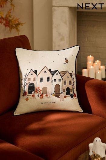 Halloween Cushion, No Tricks Just Treats, Halloween Scene, Embroidered Details, Bits And Bobs, Printed Design, Spooky Season, Fall Halloween, Halloween Decor