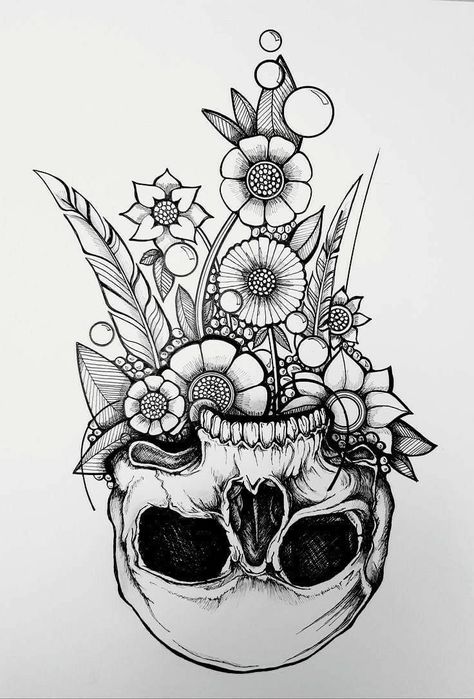 Skull And Flower Drawing, Tattoo Drawing Ideas, Spooky Tattoos, Cat Air, Skull Tattoos, Popular Tattoos, Ideas Creative, Tattoo Design Drawings, Tattoo Stencils