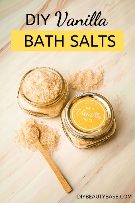 Make your own bath salts with this easy Vanilla Bath salt recipe. Epsom salts relax the muscles and vanilla scent promotes relaxation and happiness. #bathsalts #christmasgiftideas #homemade #homemadebathsalts #howtomakebathsalts #epsomsaltbaths #diybeauty Make Your Own Bath Salts, Diy Bath Salts With Essential Oils, Bath Salt Recipe, Bath Salts Diy Recipes, Homemade Bath Salts Recipe, Diy Vanilla, Bath Soak Recipe, Bath Salts Recipe, Bath Salts Diy