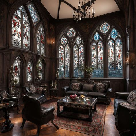 Gothic-style living room interior design with stained glass windows, table with ebony inlays Gothic Living Room, Sitting Rooms, Living Room Interior Design, Max On, Conceiving, Room Interior Design, April 20, Lounge Room, Gothic Style