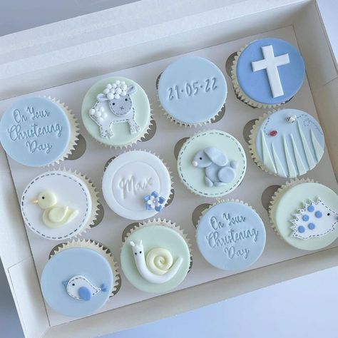 Christening Cupcakes Boy, Baptism Cupcakes Boy, Christian Cupcakes, Boys Christening Cake, Confirmation Cupcakes, Cubs Cake, Baby Cake Design, Baptism Cupcakes, Baby Boy Cupcakes