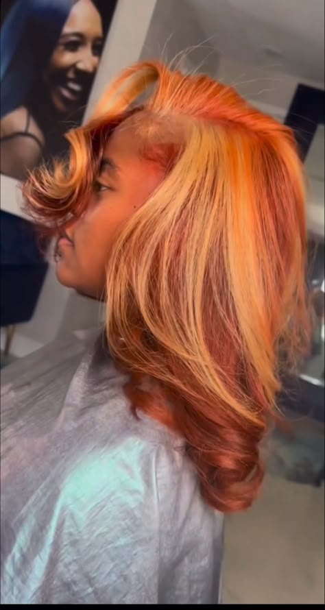 Orange Hair Color On Black Women, Red With Orange Highlights, Auburn Hair With Highlights Blonde, Orange Hair Blonde Highlights, Copper Peekaboo Highlights, Calico Hair Black Women, Blond And Ginger Hair, Fall Dyed Hair, Ginger And Blonde Hair