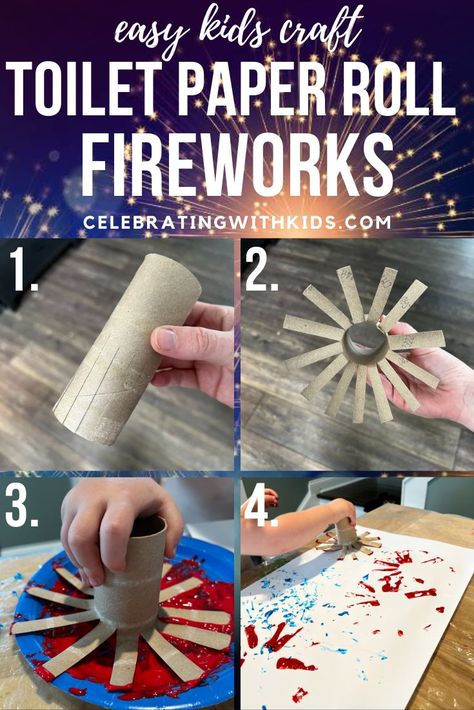 easy kids craft toilet paper roll fireworks Fireworks With Toilet Paper Rolls, Toilet Paper Roll Fireworks, Paper Plates Craft, Paper Towel Roll Art, Fireworks Craft For Kids, Paper Fire, Firework Painting, New Year's Eve Crafts, Fireworks Art