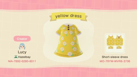 Acnh Yellow Dress, Animal Crossing Dress Design, Animal Crossing Yellow, Yellow Dress Design, Fall Animal Crossing, Animal Crossing Clothes Codes, Acnh Springcore, Animal Crossing Dress, Acnh Fashion