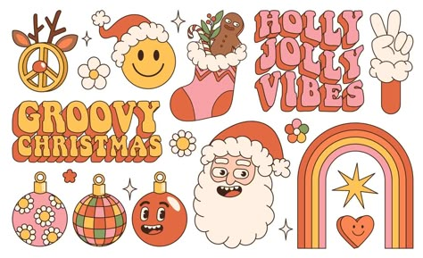 Groovy hippie Christmas stickers. Santa Claus, rainbow, peace, holly jolly vibes, gingerbread. Holly Jolly Vibes, Hippie Christmas, 70s Clothes, Pumpkin Cream Cheese Muffins, Groovy Christmas, Rainbow Peace, Pumpkin Cream Cheese, 1970s Design, Cheese Muffins