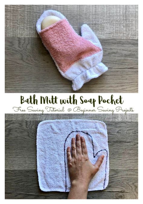 Bath Mitt with Soap Pocket Free Sewing Tutorial Bathroom Sewing Projects, Fabric Art Diy, Crop Top Sewing Pattern, Baby Bubble Romper, Fabric Sewing Patterns, Sewing Tutorials Free, Ribbon Yarn, Baby Sewing Patterns, Fabric Headbands