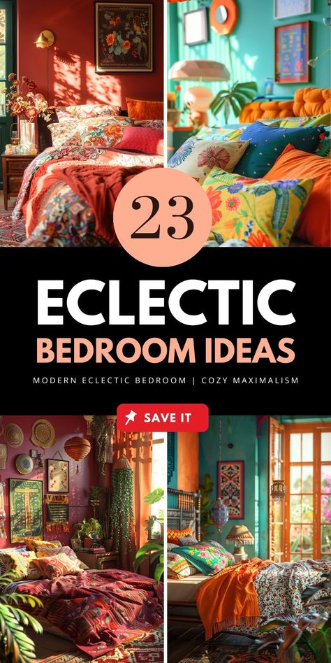 Explore styling tips for achieving an eclectic bedroom look. Find out how to mix furniture styles, incorporate various textures, and use statement pieces. Save this pin to your Style board and check out the article for more inspiration. Maximal Bedroom Ideas, Modern Boho Bedroom Colorful, Non Headboard Ideas, Maximalism Bedroom Aesthetic, Bedroom Eccentric, Bold Master Bedrooms Decor, Quirky Bedroom Decor, Maximalist Small Bedroom, Modern Eclectic Decor Bedroom