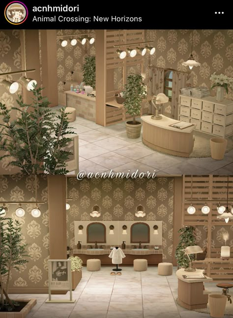 Acnh Happy Home Paradise Spa, Acnh Hhp Luxury Hotel, Happy Home Paradise Spa, Acnh Hhp Spa, Acnh Beauty Salon Design, Animal Crossing Paradise Planning Ideas, Acnh Beauty Salon, Acnh Bathroom Designs, Animal Crossing Spa Ideas