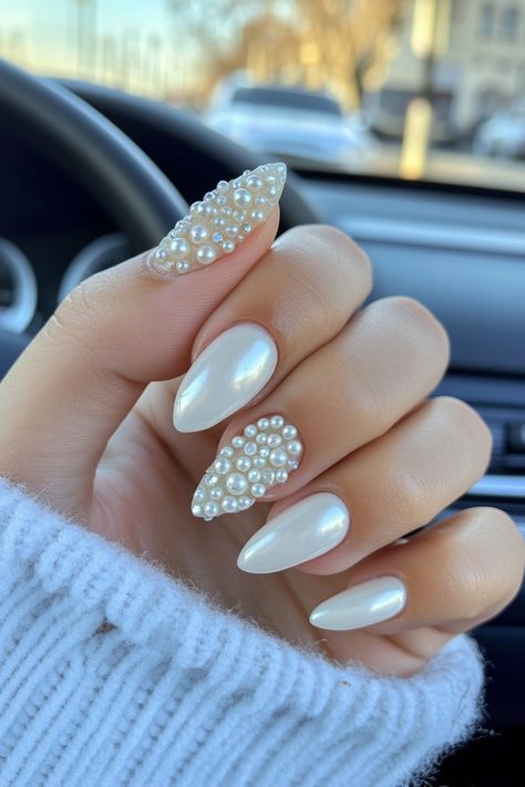 Click for More ➡️ | Save for Later ❤️ A milky white polish with miniature pearl embellishments creates an elegant, sophisticated touch. (Dainty Pearl Accents - Short Nail Design Ideas)