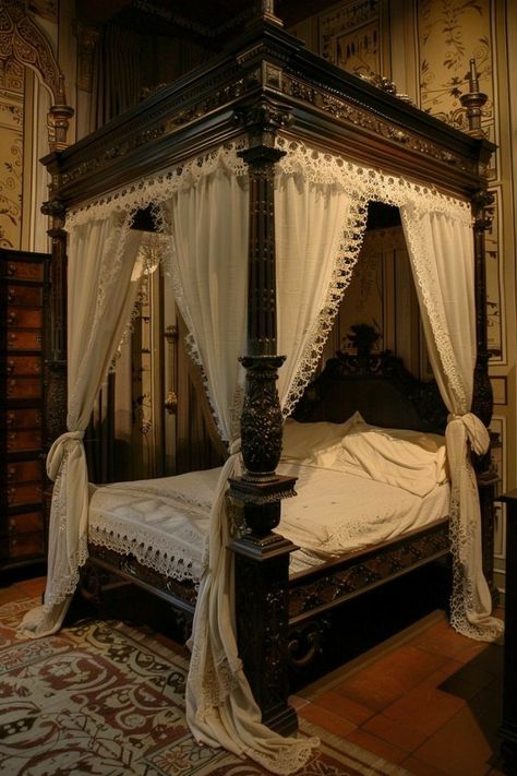 Gothic Canopy Bed Romantic, Gothic Canopy Bed, Medieval Bedroom, Magic Cottage, Canopy Bed Ideas, Manor Interior, Metal Canopy Bed, Canopy Bed Diy, Royal Room