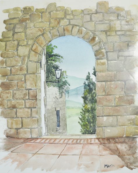 Watercolor Stone Wall, Clothesline Paintings, Watercolour Buildings, Mediterranean Paintings, Exterior Entrance Doors, Stone Archway, Paintings Easy, Brick Arch, Travel Painting