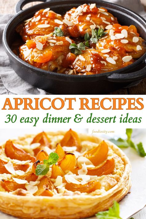 30 Apricot Recipes (Easy Dinner & Dessert Ideas) - Foodiosity Dried Apricot Recipes Healthy, Frozen Apricot Recipes Desserts, Canned Apricot Recipes, Dinner Dessert Ideas, Dried Apricot Recipes, Apricot Glazed Chicken, Apricot Dessert, Easy Dinner Desserts, Fruit Recipes Healthy