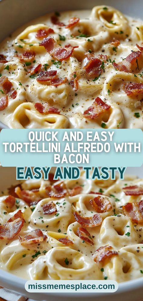 Looking for a quick and easy dinner option? Try this Bacon Tortellini Alfredo! In just 20 minutes, you can whip up a creamy, savory dish that combines tender tortellini and crispy bacon. The secret lies in the rich Alfredo sauce, made with heavy cream and freshly grated Parmesan, ensuring a luxurious mouthfeel. This recipe is perfect for busy weeknights or last-minute gatherings, making it a go-to for any occasion. Impress your guests or just treat yourself to this mouthwatering comfort food! Bacon And Tortellini, Smoked Sausage Tortellini Alfredo, Bacon Tortellini Recipes, Tortellini With Bacon, Creamy Bacon Alfredo Pasta, Bacon Alfredo Tortellini, Tortellini Bacon Recipes, Baked Alfredo Tortellini, Dishes With Tortellini