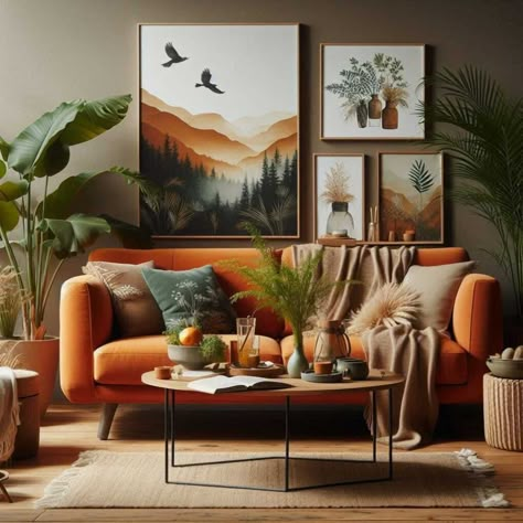 30 Vibrant and Versatile Orange Couch Living Room Ideas » HomeDecorFull Earthy Orange Living Room, Rust Orange Living Room Decor, Living Room With Orange Sofa, Rust Colored Couch Living Room, Orange Sofa Green Wall, Orange Couch Green Walls, Accent Couch Living Room, Burnt Orange Sofa Living Room Ideas, Orange Couch Living Room Decor