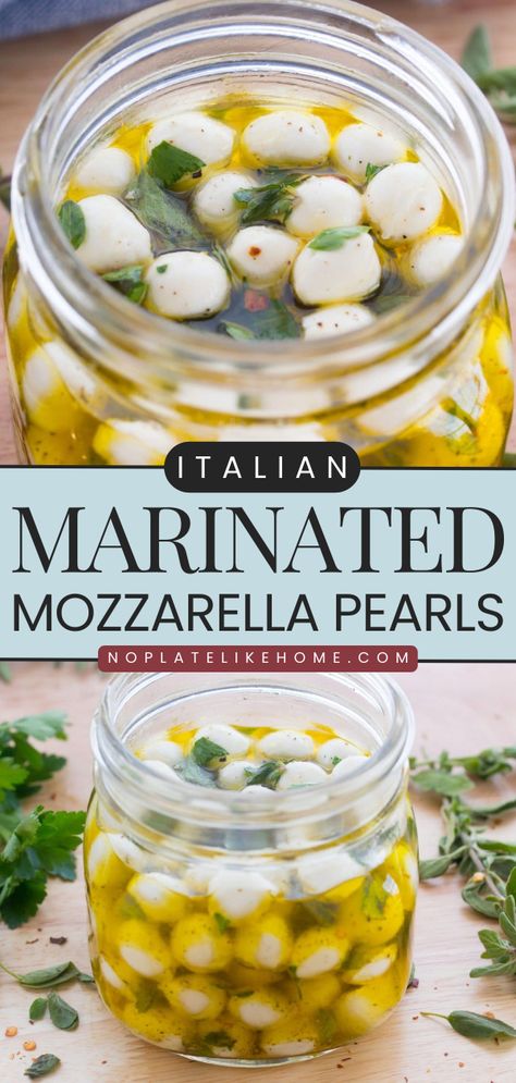 Grab some fresh mozzarella pearls for an easy snack to make ahead! This mozzarella recipe is also a yummy appetizer to add to your antipasto platter. Not only are these marinated mozzarella pearls delicious, but they are also low-carb, vegetarian, and gluten-free! Mozzarella Pearls Salad, Things To Make With Fresh Mozzarella, Mozzarella Balls In Olive Oil, Marinated Mozzarella Pearls, Pearl Mozzarella Recipes, Recipes Using Mozzarella Pearls, Mozzarella Pearls Recipes, Mozzarella Marinated, Antipasti Recipes